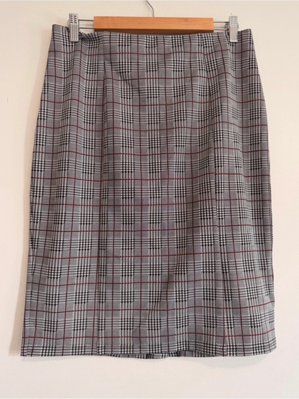 Tailored Plaid Midi Skirt in Grey with Black and Burgundy Windowpane